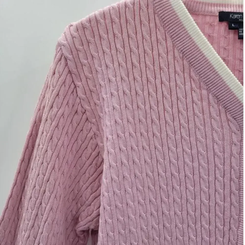 Karen Kane Golf Pink Cream Preppy Old Money Cable Knit Cardigan‎ Jacket Sweater - Picture 9 of 11